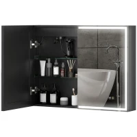HOMCOM Badezimmerspiegel mit Schrank, LED-Lichtern, Steckdose, 600 x 800 mm, Anti-Beschlag-Pad, 3 Farbtemperaturen, Schwarz(m-12)
