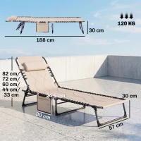 Outsunny Sonnenliege, Faltbare Gartenliege, Klappliege mit Kissen, 5-stufige Rückenlehne, Oxfordstoff, 188 x 57 x 30 cm, Beige(m-3)