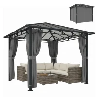 Outsunny Gartenpavillon ca. 3 x 3 m Metall Pavillon mit 6 mm Polycarbonat-Dach 4 Seitenteile, UV50+ Dunkelgrau(m-12)