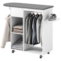 HOMCOM Dulap cu masă de călcat cu roți, suport pentru fier de călcat, bară pentru haine, sertar și rafturi, 125 x 43,5 x 112 cm, alb(m-11)