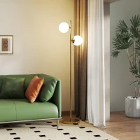 HOMCOM Lampă de Podea cu 2 Lumini și Abajururi Sferice, Comutator de Picior și Soclu E27, Ø28x165 cm, Aur(m-2)