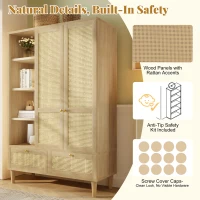 Rustic Oak Rattan Wardrobe with Clothes Rail and 2 Drawers, Wooden Armoire Closet Cabinet for Bedroom, 120L x 50W x 180H cm, Oak(m-4)