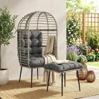 Outsunny Garden Egg Chair with Footstool, Rattan Indoor Outdoor Lounge Chair and Ottoman Set with Thick Cushions, Light Grey(m-2)