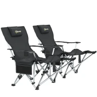 Outsunny 2er Set Campingstuhl faltbar Angelstuhl mit abnehmbar Fußstütze Kopfstütze Getränkehalter belastbar 120 kg Schwarz(m-1)