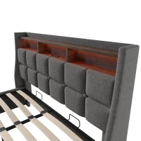 Vintage-Look King Bed with LED Lighting, Stylish Bed Frame with Gas-Lift Under-Bed Storage Space, 210L x 185W x 117H cm, Grey(m-10)