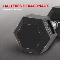 HOMCOM Ensemble d'haltères courtes, lot de 2 haltères hexagonaux recouverts de caoutchouc, acier noir(m-5)