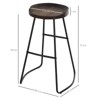 HOMCOM Set 2 Sgabelli Alti in Stile Industriale, Sgabelli da Bar con Telaio in Acciaio Nero e Seduta in Legno, Sgabelli Vintage per Cucina, 49.5x44x71cm(m-3)