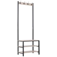 HOMCOM Porte-Manteau Vestiaire d'Entrée, Dim. 60L x 40l x 175H cm, 3 Étagères, 4 Patères, Double Crochet, MDF, Bois Clair, Acier Noir(m-12)