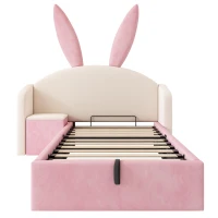 Bunny Ears Children's Bed with Hydraulic Storage, Adorable Bed for Girls Bedrooms, 206L x 149W x 143H cm, Beige+Pink(m-2)