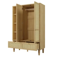 Rustic Oak Rattan Wardrobe with Clothes Rail and 2 Drawers, Wooden Armoire Closet Cabinet for Bedroom, 120L x 50W x 180H cm, Oak(m-12)