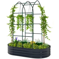 Outsunny Jardinière avec treillis arqué, bac à fleurs en métal avec fond ouvert, gants inclus, 160x90x180cm, gris foncé(m-12)