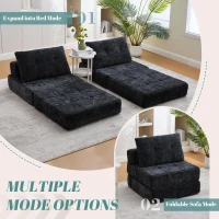 Cozy Convertible Floor Sofa Bed with Button-Tufted Detailing, Soft Chenille Folding Sleeper Couch for Living Room, 180L x 79W x 57H cm, Black(m-7)