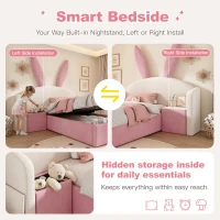 Bunny Ears Children's Bed with Hydraulic Storage, Adorable Bed for Girls Bedrooms, 206L x 149W x 143H cm, Beige+Pink(m-6)