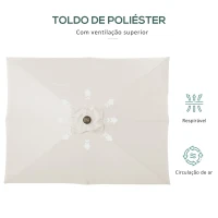 Outsunny Chapéu de Sol com Luzes LED 268x205x248 cm Chapéu de Sol de Jardim Inclinável até 45° e Abertura a Manivela Creme(m-8)