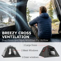 Outsunny Camping Tent 3000mm Waterproof Tent with 2 Doors, Dark Grey and Red(m-6)