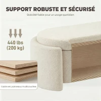 HOMCOM Banc de rangement, bout de lit ovale en polaire Teddy avec assise large, 129 x 48,5 x 44 cm, crème(m-7)