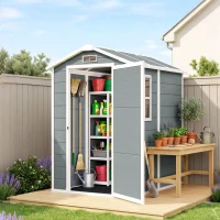 Outsunny Gartenschuppen, Kunststoff-Gartenhaus mit Boden, Fenster, verschließbare Türen, für Garten, 131B x 186T x 198H cm, Grau(m-9)