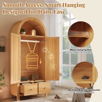 Country-Style Rattan Wardrobe with Semi-Circular Storage Area, Stylish Storage Cabinet for Bedrooms and Entryways, 78L x 45W x 181H cm, Oak(m-5)