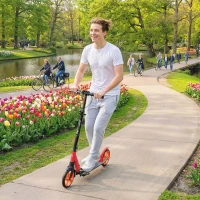 HOMCOM One-click Folding Kick Scooter for 14+ w/ Adjustable Handlebar, Push Scooter with Kickstand, Dual Brake System, Red(m-2)