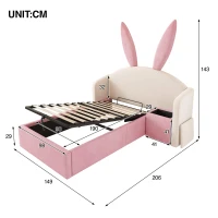 Bunny Ears Children's Bed with Hydraulic Storage, Adorable Bed for Girls Bedrooms, 206L x 149W x 143H cm, Beige+Pink(m-3)