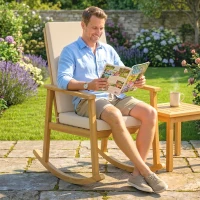 Outsunny Schaukelstuhl aus Akazienholz Schaukelsessel mit hoher Rückenlehne Kissen bis 160 kg 60 x 89 x 107 cm Beige(m-9)