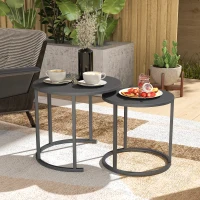 Outsunny 2er Set Beistelltisch Stapelbar Gartentisch Rund wetterfest Balkontisch aus Stahl platzsparend Dunkelgrau(m-10)