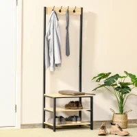 HOMCOM Porte-Manteau Vestiaire d'Entrée, Dim. 60L x 40l x 175H cm, 3 Étagères, 4 Patères, Double Crochet, MDF, Bois Clair, Acier Noir(m-10)