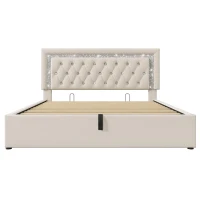 Smart Double Bed with Height-Adjustable Headboard, Stylish Bed Frame for Contemporary Bedrooms, 204L x 145W x 108H cm, Beige(m-2)