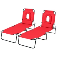 Outsunny Lot de 2 Bains de Soleil Pliable transat inclinable 4 Positions Chaise Longue de Lecture 3 Coussins fournis Rouge(m-11)