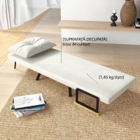 HOMCOM Fotoliu Pat 3 în 1 cu Spătar Reglabil și Pernă, din Material cu Efect de Catifea, 63x73x81 cm, Crem(m-8)