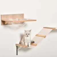 PawHut 4PCs Wall-mounted Cats Climbing Shelf Set Cat Tree Kitten Perch Activity Center with Hammock Scratching Post Jumping Platform Brown(m-7)