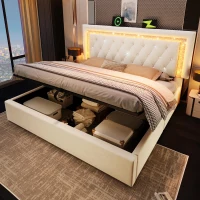 Smart Double Bed with Height-Adjustable Headboard, Stylish Bed Frame for Contemporary Bedrooms, 204L x 145W x 108H cm, Beige(m-1)