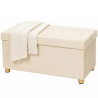 HOMCOM Velvet Upholstered Foldable Ottoman Footrest, Storage Ottoman Bench with Wood Legs for Living Room, Cream White(m-15)