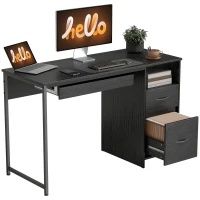 HOMCOM Scrivania Moderna con Cassetti, Ripiani Aperti e Porta Tastiera, in Legno e Acciaio, 120x52.3x76 cm, Nero(m-10)
