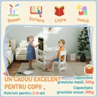 AIYAPLAY Set Masă și Scaun pentru Copii 3-8 Ani cu Tablă Neagră, Tablă Albă, Containere și Rulou de Hârtie, Alb(m-9)