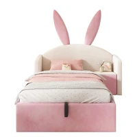Bunny Ears Children's Bed with Hydraulic Storage, Adorable Bed for Girls Bedrooms, 206L x 149W x 143H cm, Beige+Pink(m-12)