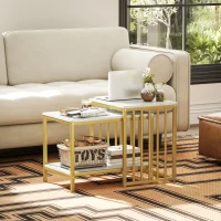 HOMCOM Modern Coffee Table Set of Two, Marble-Effect Nesting Side Tables with Steel Frame for Living Room, Gold Tone(m-2)