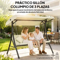 Outsunny Balancín de Jardín Exterior Columpio de 3 Plazas con Toldo Ajustable y Marco de Acero 202x115x168 cm Beige(m-4)