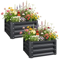 Outsunny Set of 2 Raised Garden Bed, Outdoor Elevated Galvanised Planter Box for Flowers, Herbs, 60x60x30.5cm, Grey(m-13)