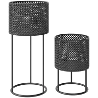 Outsunny Metal Plant Pots Set of 2 with Hollow Design Flower Planters for Garden Balcony Black(m-1)