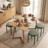 HOMCOM Set 4 taburete stivuibile cu picioare din oțel, aspect de in, pentru sufragerie, living, bucătărie, Verde închis(m-6)