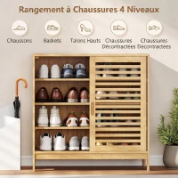 HOMCOM Meuble à chaussures en bambou 16 paires, armoire à chaussures, 2 portes coulissantes, étagères réglables, bois naturel(m-4)