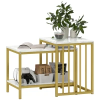 HOMCOM Modern Coffee Table Set of Two, Marble-Effect Nesting Side Tables with Steel Frame for Living Room, Gold Tone(m-11)