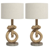 HOMCOM Nautical Table Lamps Set of 2 with USB Charging Port, Bedside Lamps for Bedroom Living Room, Warm White LED Bulb Included, with Hemp Rope, Natural(m-1)