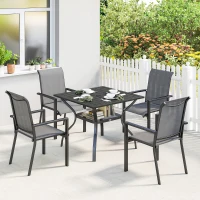 Outsunny 5 Pieces Outdoor Dining Set for 4, Garden Table and Stackable Chairs with Breathable Mesh Seat and Parasol Hole, Grey(m-2)