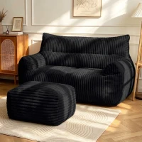 Oversized 2-Seater Corduroy Sofa with Ottoman, Comfortable Couch for Couples and Family, 100L x 135W x 75H cm, Black(m-1)