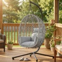 Outsunny Hanging Egg Chair, Indoor Outdoor Rattan Hammock Swing Chair with Stand, Safety Strap, Foldable Basket, Light Grey(m-14)