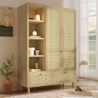 Rustic Oak Rattan Wardrobe with Clothes Rail and 2 Drawers, Wooden Armoire Closet Cabinet for Bedroom, 120L x 50W x 180H cm, Oak