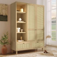 Rustic Oak Rattan Wardrobe with Clothes Rail and 2 Drawers, Wooden Armoire Closet Cabinet for Bedroom, 120L x 50W x 180H cm, Oak(m-1)