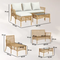 Outsunny Conjunto de Jardim Exterior em Vime com 1 Sofá de 2 Lugares 1 Chaise Longue e 1 Mesa de Centro com Tampo de Vidro Creme(m-3)